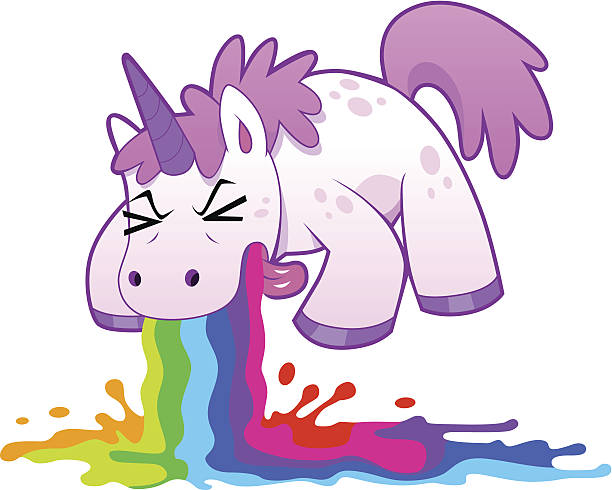 unicorn puking rainbow Pink funny unicorn pukes liquid rainbow. Vector illustration. retching stock illustrations