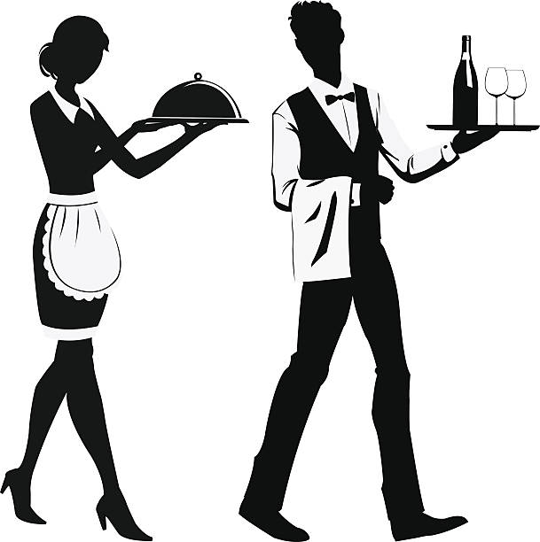 ilustraciones, imágenes clip art, dibujos animados e iconos de stock de silueta los camareros - waiter food restaurant delivering