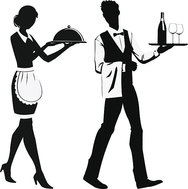 illustrations, cliparts, dessins animés et icônes de silhouette de serveurs - waiter food restaurant delivering