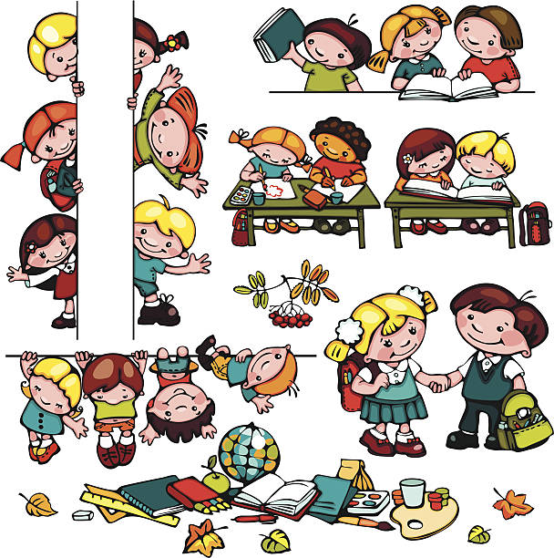 kids school set kids school set. Place for text. holding a blank sign. You can add as how to draw a school building clip art stock illustrations