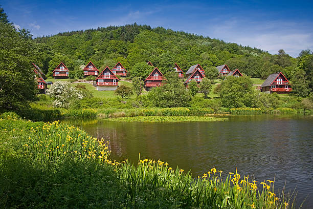 Barend Holiday Village, Loch and Lodges. Irises Foreground Barend Holiday Village reflected in Barend Loch with Yellow Flag Irises in foreground. Taken at Barend, Dumfries and Galloway, Scotland, UK. Galloway Hills stock pictures, royalty-free photos & images