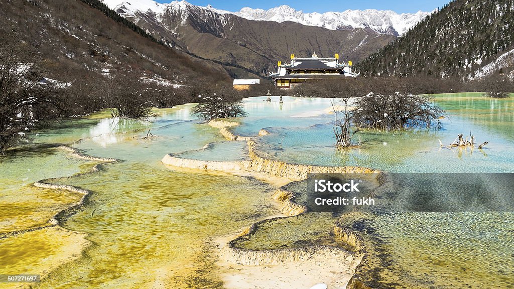 Landmark of Huanglong, the world heritage, in winter season. The ancient temple and the five colour lakes landmark the famous Huanglong, Sichuan province, China. China - East Asia Stock Photo