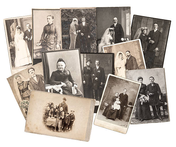vintage family and wedding photos. original old pictures group of vintage family and wedding photos circa 1885-1900. nostalgic sentimental pictures collage on white background. original photos with scratches and film grain 19th century photos stock pictures, royalty-free photos & images