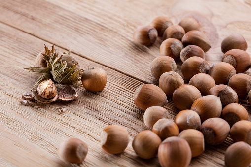 Hazelnuts on wooden table