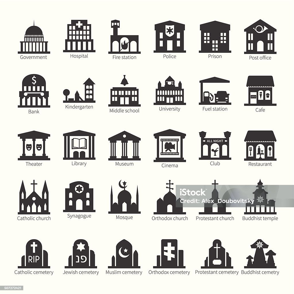 Common buildings and places vector icon set - Royalty-free Simge Vector Art