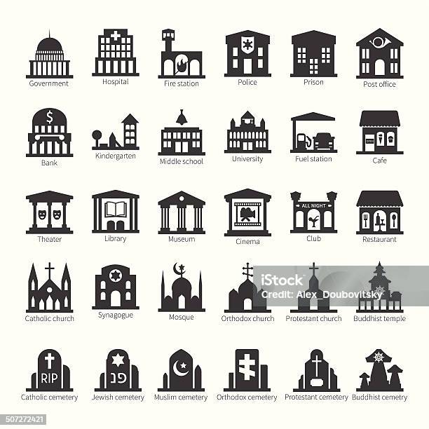 Common Buildings And Places Vector Icon Set Stok Vektör Sanatı & Simge‘nin Daha Fazla Görseli - Simge, Havra, Eğitim