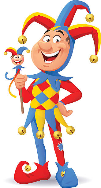 Jolly Jester Vector illustration of a laughing jester, wearing a red, blue and yellow checked costume, isolated on white. court jester stock illustrations