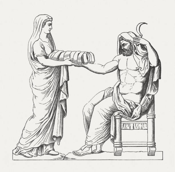 Rhea presenting Cronus the stone wrapped in cloth, Greek mythology Rhea presenting Cronus the stone wrapped in cloth. Szene from the Greek Mythology. Woodcut engraving, published in 1878. mythological character stock illustrations