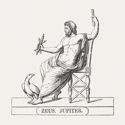 Zeus, the father of the Greek gods. Woodcut engraving, published in 1878.