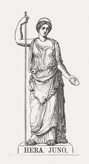 The Greek goddess Hera (Roman: Juno). Wood engraving, published in 1878.
