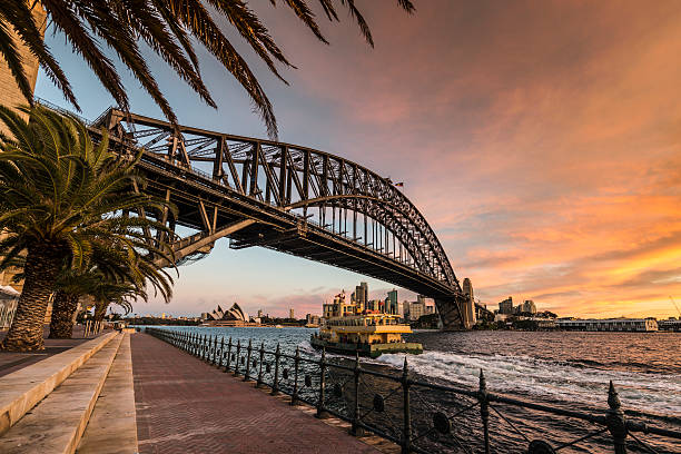 Sydney Harbour Bridge and Ferry at Dusk, Australia Sydney Harbour Bridge with Ferry, Opera House and Palmtrees at Dusk. Twilight warm glow in the sky. sydney harbour bridge stock pictures, royalty-free photos & images