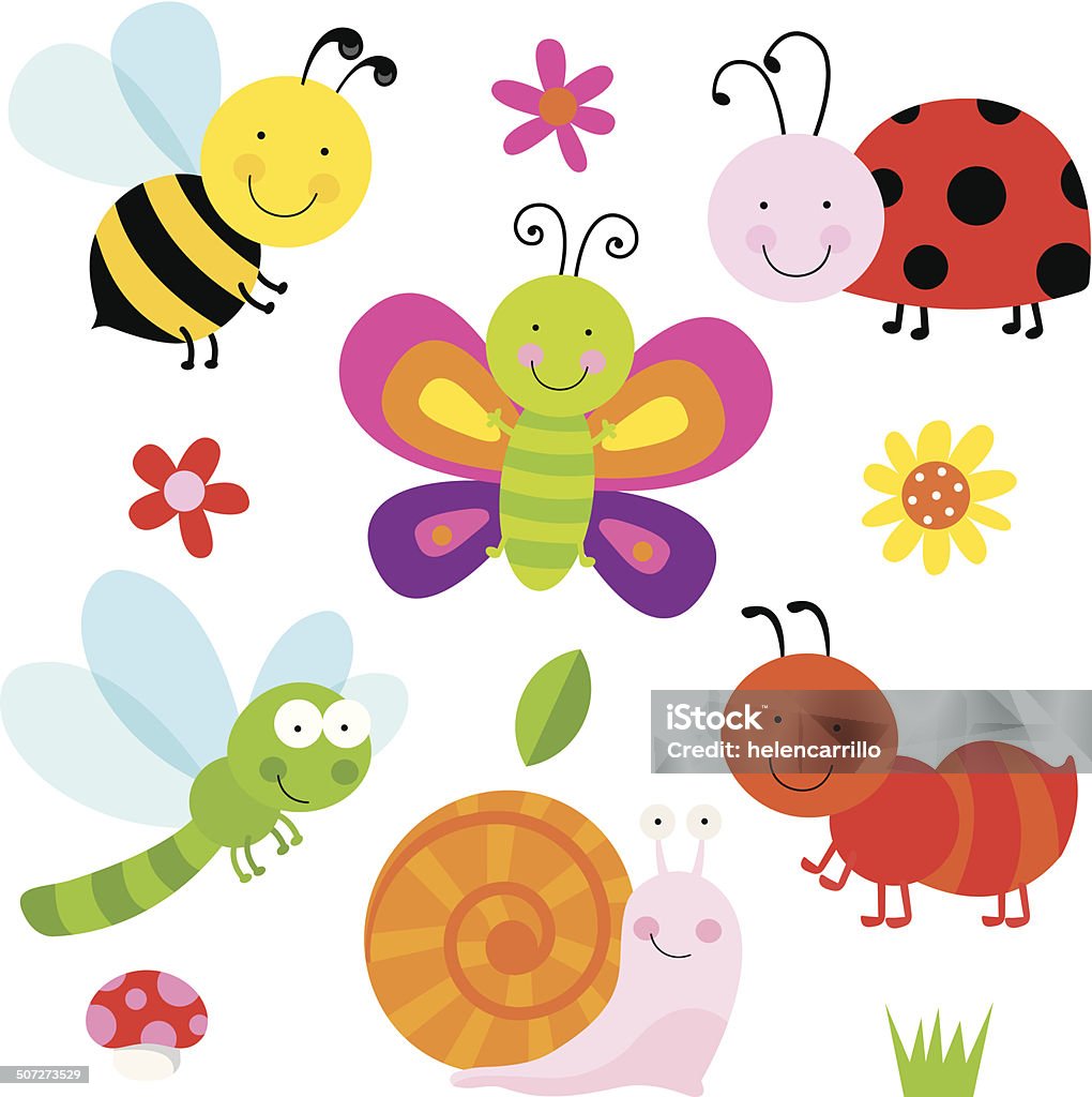 Cute Insects An assortment of cute bugs, grass and flowers, mushroom & grass Butterfly - Insect stock vector