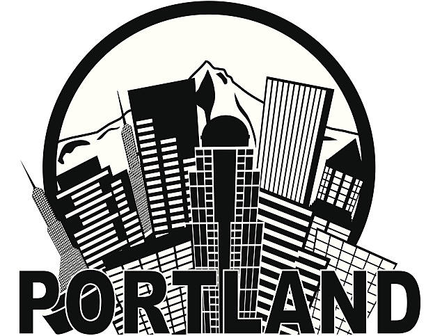 illustrazioni stock, clip art, cartoni animati e icone di tendenza di skyline della città portland oregon mount hood illustrazione vettoriale in bianco e nero - portland oregon skyline cityscape silhouette