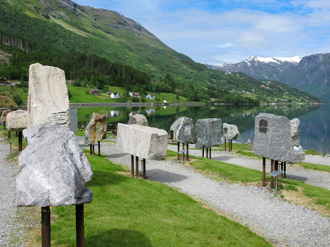 Stryn, Norway - June 21, 2010: Nasjonalsparksenter Jostedalsbreen Park with rocks near lake in Fosnes, Stryn, Oppstryn