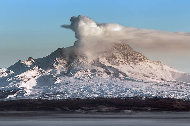 Eruption active Shiveluch Volcano on Kamchatka Peninsula stock photo