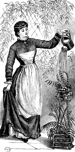 A Victorian woman smiling as she waters plants in a plant stand. From “The Cottager and Artisan” for 1891, published by The Religious Tract Society, London, with illustrations by various artists.