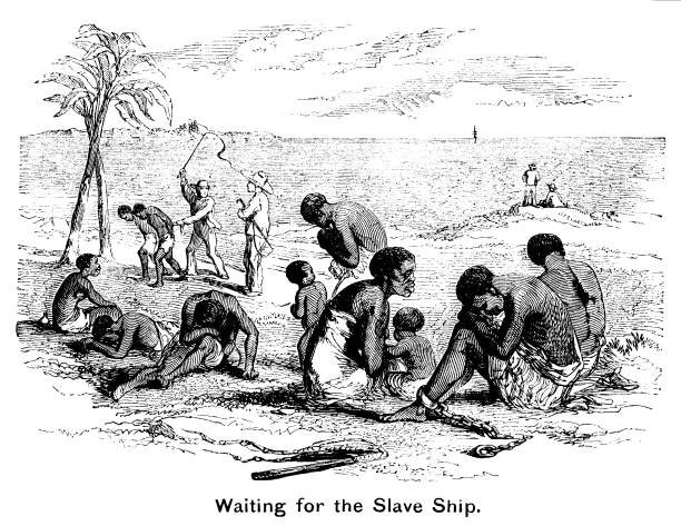 Waiting for the slave ship Groups of slaves waiting on the beach for the slave ship to come in and take them far away form their homes. A slave master is whipping two unfortunate men, adding to the misery of the poor people who are being held captive. From “The Cottager and Artisan” for 1891, published by The Religious Tract Society, London, with illustrations by various artists. slavery stock illustrations