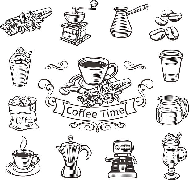 illustrazioni stock, clip art, cartoni animati e icone di tendenza di impostare di icone decorativo di caffè. - coffee espresso retro revival coffee cup