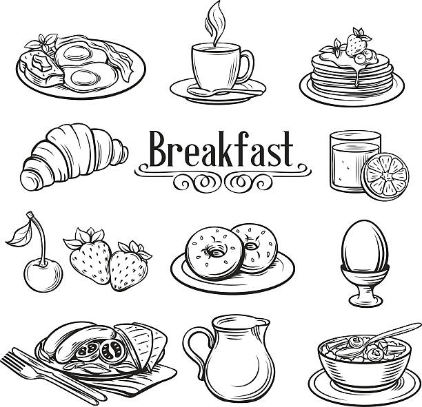 illustrazioni stock, clip art, cartoni animati e icone di tendenza di disegnato a mano libera icone decorativo la prima colazione. - vector illustration and painting food cooking
