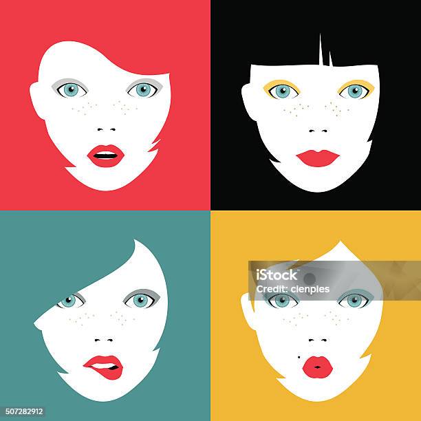 Set Of Colorful Girl Faces Concept Illustrations Stock Illustration - Download Image Now - Bangs - Hair, Women, Human Hair