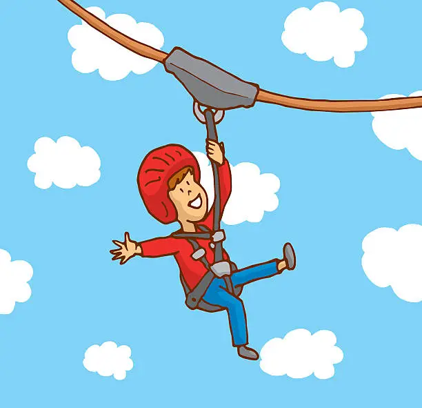 Vector illustration of Happy boy enjoying a zipline