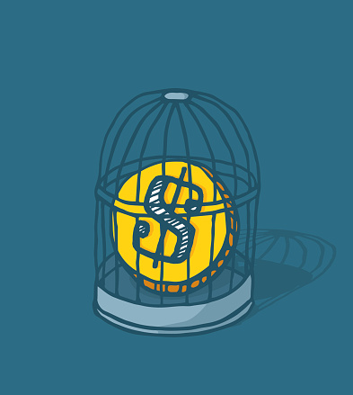 Cartoon illustration of coin or money trapped in bird cage
