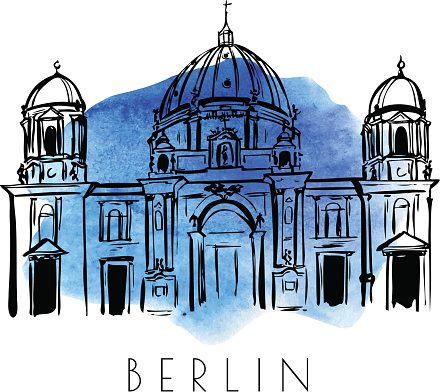 Vector card with a sketch of Berlin Cathedral. Hand drawn illustration of famous german landmark. Black outlines and bright blue watercolor stain on background.