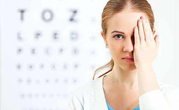 istock eyesight check. woman  at doctor ophthalmologist optician 507287438