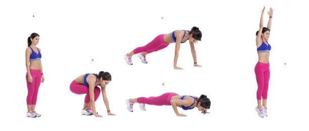 Burpees Step by step instructions: Begin in a starting position. (A) Drop into a squat position with your hands on the ground. (B) Jump in a plank position. (C) Do a push up. (D) Return to plank position (C) and back to the squat position. (B). And finally jump up from the squat position. (E) womens field event stock pictures, royalty-free photos & images