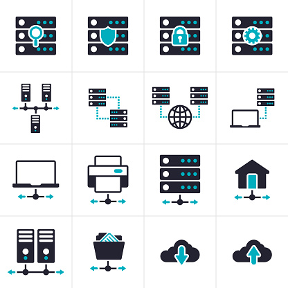 Networking connection and server database internet connectivity icons and symbol collection.