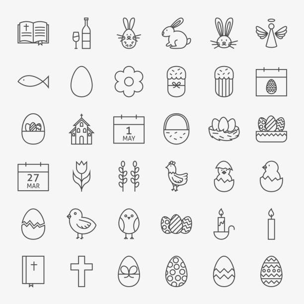 illustrations, cliparts, dessins animés et icônes de joyeuses pâques grand ensemble d'icônes de ligne - lapin viande de gibier