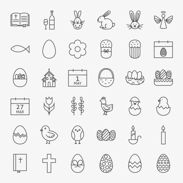 ilustrações, clipart, desenhos animados e ícones de feliz páscoa linha grande conjunto de ícones de - easter animal egg eggs single object