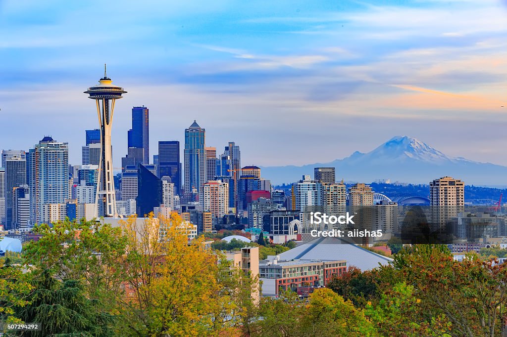 Space Needle and Seattle downtown Seattle downtown and Space Needle  view, Washington, USA Seattle Stock Photo