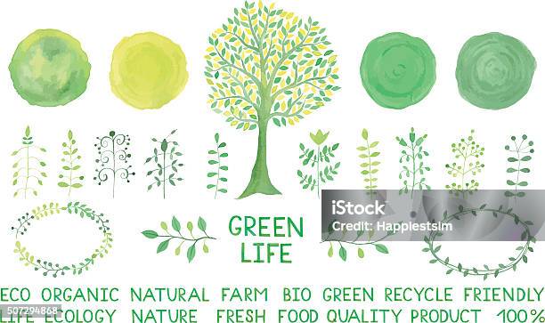 Set Of Watercolor Logotypes Green Spots Labels Badgesleaves Stock Illustration - Download Image Now