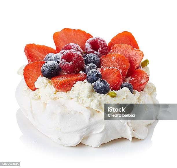 Pavlova Meringue Cake Stock Photo - Download Image Now - Pavlova - Dessert, Egg - Food, White Background