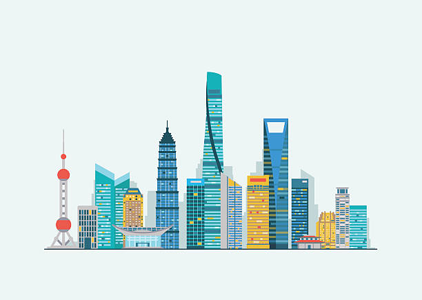 abstrakte skyline von shanghai - shanghai finance skyline backgrounds stock-grafiken, -clipart, -cartoons und -symbole