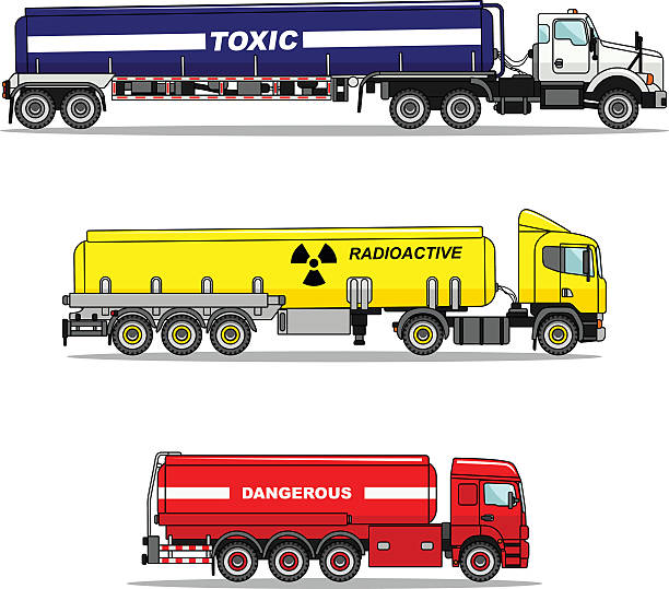 illustrazioni stock, clip art, cartoni animati e icone di tendenza di cisterna gruppo di furgoni per il trasporto di sostanze chimiche, radioattive e tossiche e nocive. - toxic waste illustrations