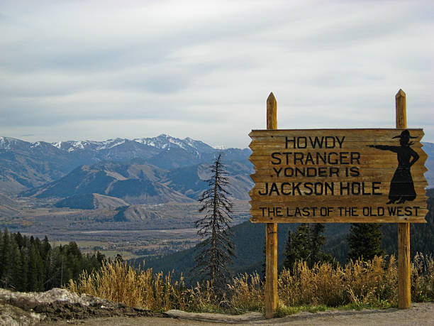 Jackson Hole Sign- Summer The sign reads "howdy stranger yonder is Jackson Hole, last of the old west. On top of Teton Pass Wyoming jackson hole photos stock pictures, royalty-free photos & images
