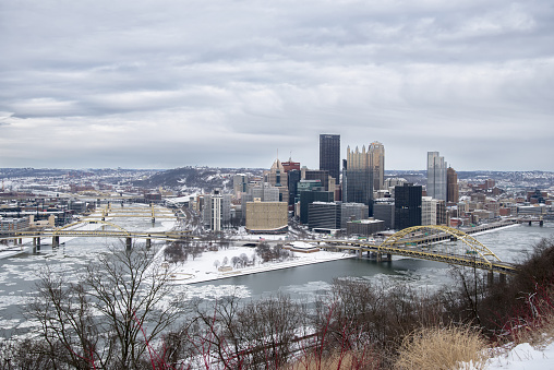 Downtown Pittsburgh under snow. View from Mount Washington overlook.