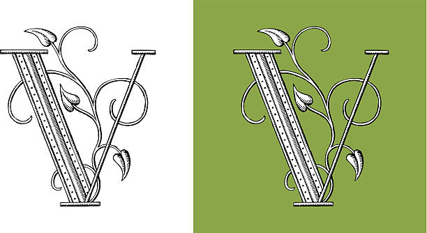 Letter V, Typo, Alphabet, Illumination, Ornament, Manuscript, Monogram, Retro, Floral vector art illustration