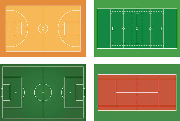 농구경기, 테니스장이 있습니다. 미국 football, 축구장. 초록색입니다 풋볼 경기장 - rugby field stock illustrations