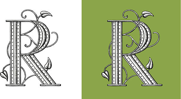 Letter R, Typo, Alphabet, Illumination, Ornament, Manuscript, Monogram, Retro, Floral vector art illustration