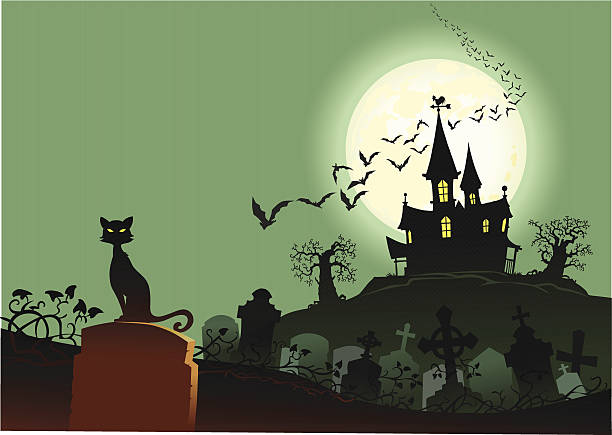 cat with haunted house and graveyard - haunted house stock illustrations
