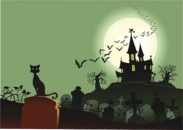 Vector illustration of Cat With Haunted House and Graveyard