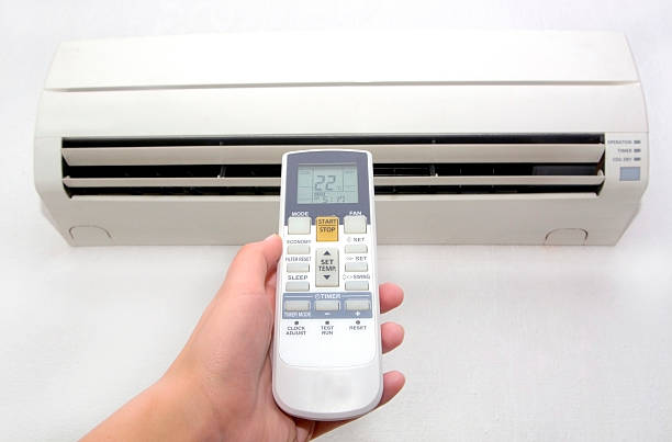 istock Hand with remote control directed on the conditioner 507317223