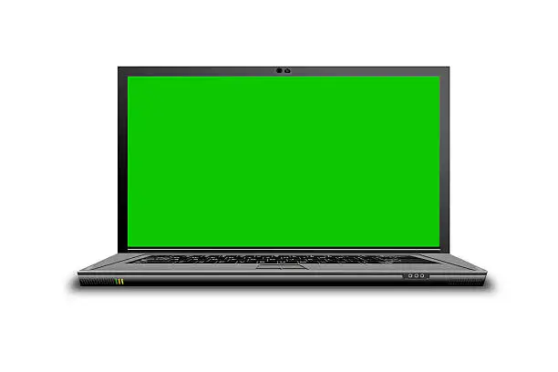 Laptop computer on a plain white background with green screen.