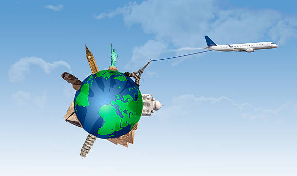 istock Concept of traveling by plane taking with important monuments 507362542