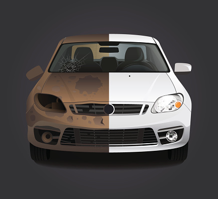 Car repair before and after concept. Color 3d vector creative illustration. Advertising idea.
