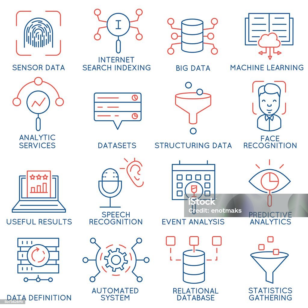 Vector set of 16 icons: data management, analytic service-part 1 Vector set of 16 icons related to business and data management, analytic service and datasets. Mono line pictograms and infographics design elements - part 1 Big Data stock vector