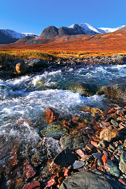 istock Mountain river on a background of mountain peaks. 507363072